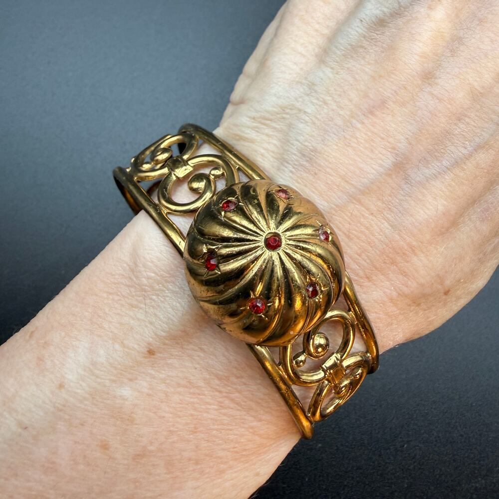 Vintage Coro Gold Tone Cuff Bracelet Red Rhinestone Byzantine Style Openwork